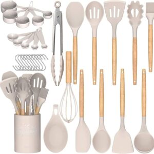 Umite Chef Kitchen Cooking Utensils Set, 33 pcs Non-Stick Silicone Cooking Kitchen Utensils Spatula Set with Holder, Wooden Handle Silicone Kitchen Gadgets Utensil Set (Khaki) (Copy)